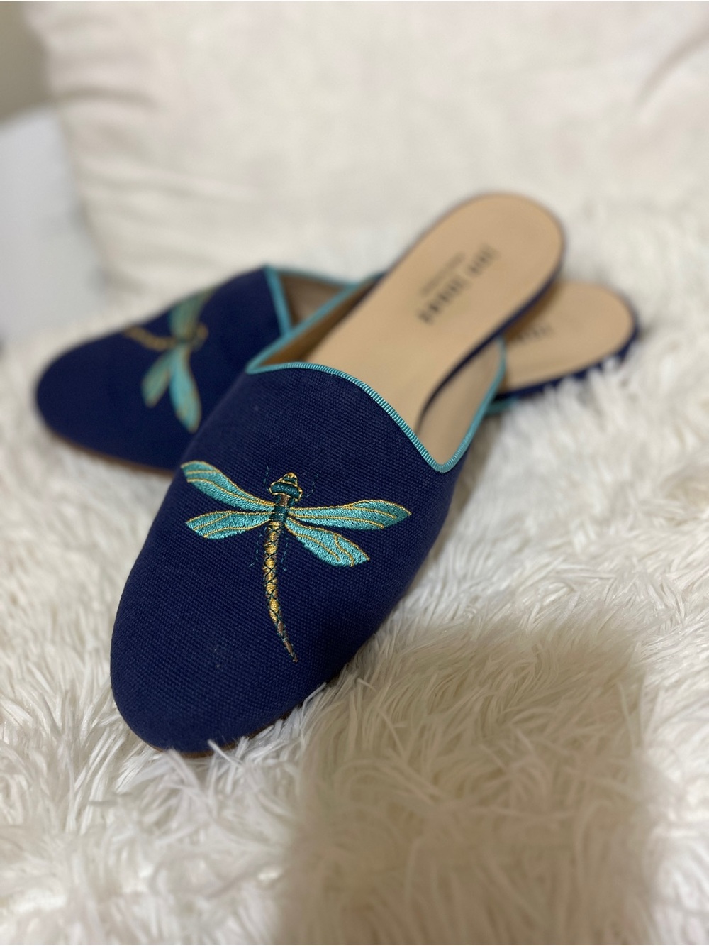 Jon Josef Navy Dragonfly Embroidered Slip-On Mules Spain Size 10